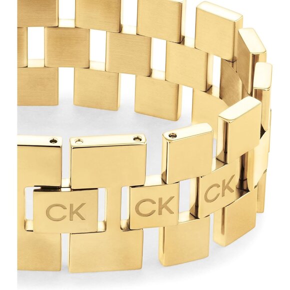 Gold Plated Stainless Steel Women's Link Bracelet with Sculpted Grid Pattern, Fo - Picture 2 of 4